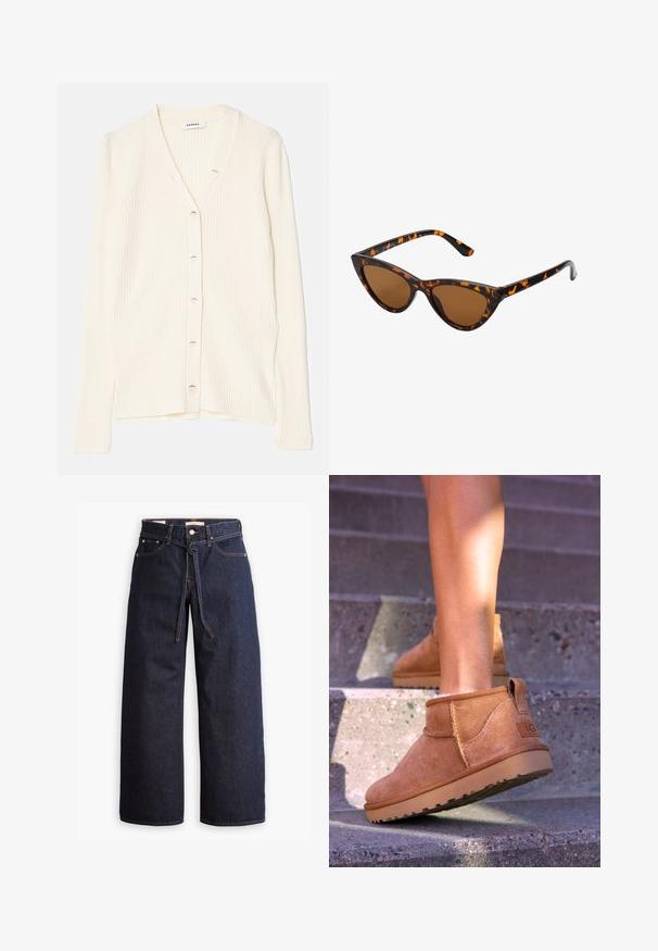 Cárdigan de canalé color crema con escote en V, botones en la parte delantera y mangas largas. La tela tiene una textura suave y una forma ajustada.; Top marrón de cuello alto con mangas largas, fabricado en un tejido suave. Presenta un cuello ajustado y un corte relajado, con un dobladillo recto en la parte inferior.; Jeans de mezclilla oscuros de pierna ancha con cintura alta, que cuentan con un lazo ajustable, cinco bolsillos y detalles de costura en contraste.; Botas de tobillo de ante color beige con una textura suave, detalles de costura y una suela de goma, que cuentan con un tacón en bucle para facilitar su uso.; Gafas de sol estilo ojo de gato con montura de carey negra y naranja, lentes marrones y puntas elegantes y afiladas. Presenta un logo minimalista en la patilla.; Bolso cruzado de ante marrón con un acabado texturizado, un acento de cadena dorada y una correa de cuero ajustable. Cuenta con un cierre de cremallera.