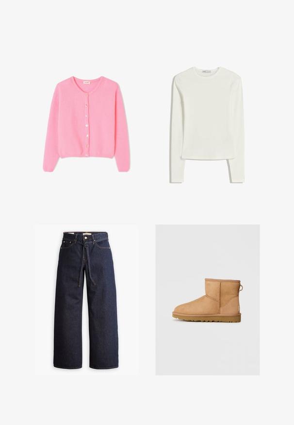 Roza pletena jopica z okroglim izrezom, dolgimi rokavi in gumbi spredaj. Mehka tekstura, prilegajoč rob in klasična zasnova.; Bela majica s dolgimi rokavi, izdelana iz mehke in gladke tkanine. Ima okroglo izreza in ozko prileganje z minimalnimi šivi.; Široke temno modre kavbojke z visokim pasom, ki imajo vrvico za zavezovanje, pet žepov in kontrastne šive.; Rjav nubuk čevlj z gležnjem s okroglo konico, šivanjem, zanko za pomoč pri oblačenju na hrbtni strani in teksturiranim gumijastim podplatom. Zasnovan za udobje in toplino.