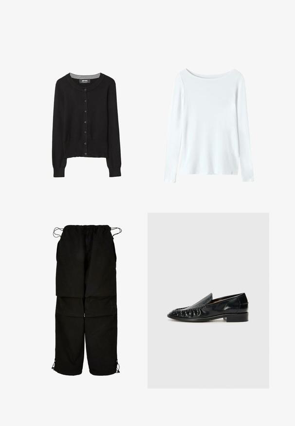 Svart stickad cardigan med rund halsringning, framknäppning, långa ärmar och textil väv. Grå inre krage som accent.; Vit långärmad skjorta med rund halsringning och mjuk, slät textur. Enkel design, inga mönster eller detaljer. Standard passform.; Svarta byxor i lättviktsmaterial, med justerbart midjeband och dragsko i nederkant. Designade med en lös, oversized passform och flera fickor.; Billi Bi Mockasiner - black