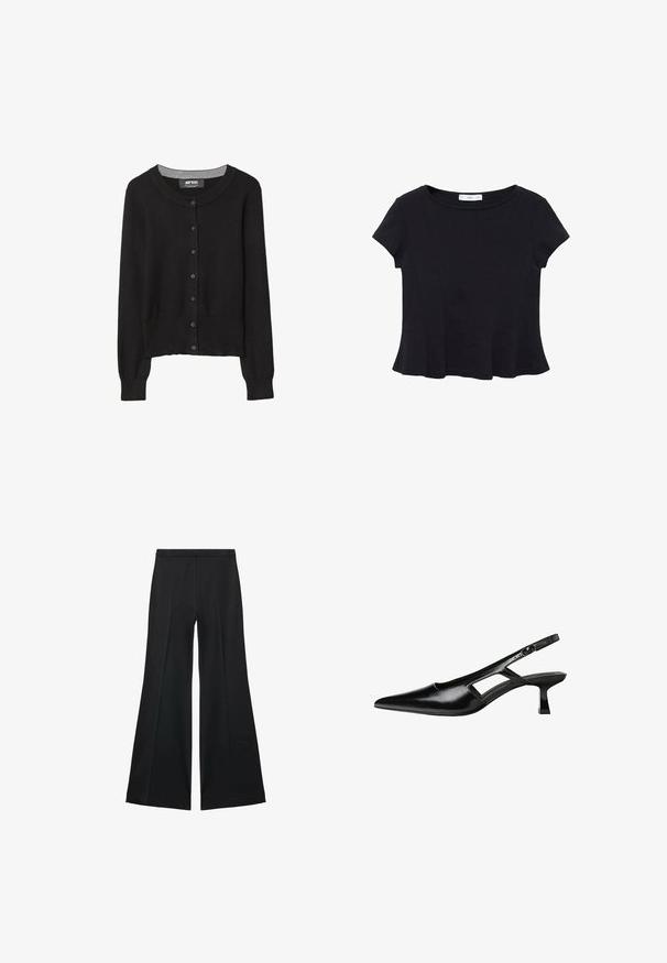 Schwarzer Strickcardigan mit Rundhalsausschnitt, vorderem Knopfverschluss, langen Ärmeln und strukturiertem Stoff. Grauer innerer Kragenakzent.; Schwarzes kurzärmeliges Top aus weichem Stoff, mit rundem Ausschnitt und ausgestelltem Saum mit dezenten Nahtdetails.; Schwarze weit geschnittene Hose mit glatter Textur, ausgestattet mit Frontfalten und einem taillierten Design. Der Stoff ist leicht und fließend.; Schwarze Lackleder-Slingback-High Heels mit spitzer Zehenform, ausgeschnittenem Seitendesign und kleinem Blockabsatz. Glatte Textur mit minimalen Akzenten.