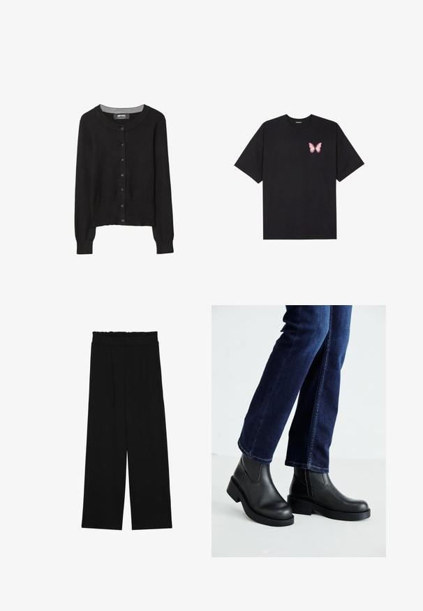 Črna pletena srajca z okroglim izrezom, sprednjim zapiranjem na gumbe, dolgimi rokavi in teksturirano tkanino. Siv notranji ovratnik kot dodatek.; Črna bombažna majica s kratkimi rokavi, ki ima majhen roza metuljček na levi strani prsnega dela. Majica s krožnim ovratnikom in sproščenim krojem.; Črne široke hlače s nabranim pasom, ki imajo dva stranska žepa in so izdelane iz gladkega, lahkega blaga. Brez vidnih vzorcev ali kovinskega okova.; Črne usnjene gležnjarje z debelim podplatom in stranskimi elastičnimi paneli, v kombinaciji s temno modrimi kavbojkami. Tla so svetle barve.