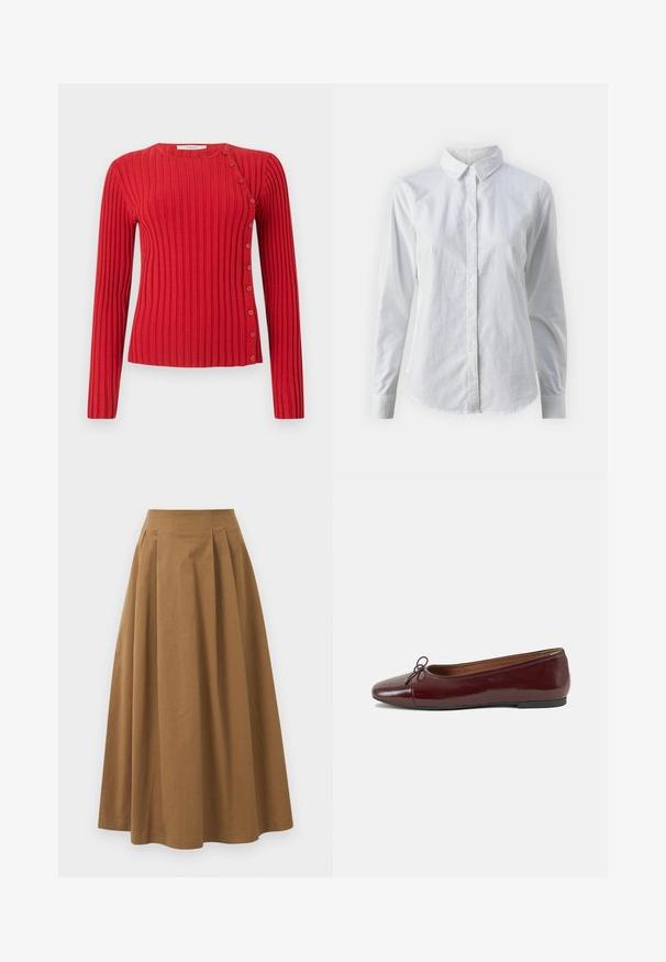 Red ribbed long-sleeve sweater with diagonal button detail from shoulder to hem on plain light background.; White button-up shirt made of smooth cotton, featuring a classic collar, long sleeves, and a curved hem. Buttons are small and white.; Brown cotton A-line skirt with a high waist, featuring pleats down the front and a smooth texture. Hem finishes are clean and simple.; Burgundy patent leather ballet flat with a rounded toe, small bow accent at the front, and a low, black rubber sole. Smooth texture.