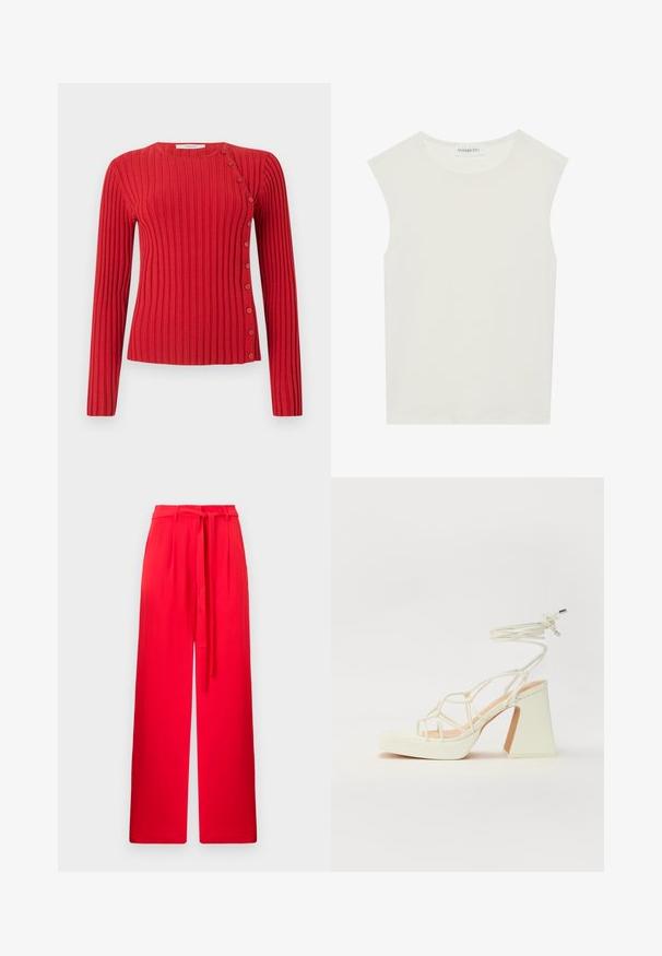 Rød stripet genser med lange ermer og diagonaal knappdetalj fra skulder til nederkant på ensfarget lys bakgrunn.; Hvit ermeløs topp med rund hals. Laget av glatt stoff, har den en avslappet passform og minimalistisk design. Ingen mønstre eller detaljer.; Røde vidde ben bukser med en teksturert overflate og et tettsittende midjebånd. Har et matchende belte knyttet foran for justerbar passform.; Hvit høyhælte sandal med kraftig hæl, med en stroppe-design og ankelbånd. Glatt tekstur med plattform foran for ekstra høyde.