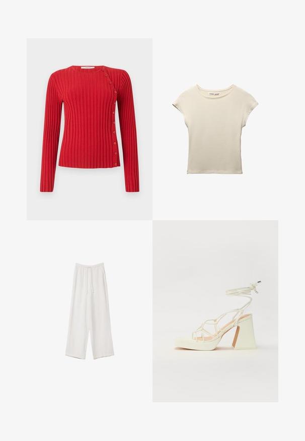 Roter, gerippter Pullover mit langen Ärmeln und diagonalen Knopfdetails von der Schulter bis zum Saum auf einem schlichten hellen Hintergrund.; Cremefarbendes, kurzärmliges T-Shirt aus weicher Baumwolle. Es hat einen runden Ausschnitt und eine lockere Passform mit minimalen Nähdetails.; Weiße weit geschnittene Hose aus leichtem Stoff. Mit einem elastischen Bund und Kordelzug sowie Seitentaschen. Glatte Textur.; Weiße High-Heel-Sandale mit einem klobigen Absatz, die über ein Riemchendesign und ein Knöchelband verfügt. Glatte Textur mit einer Plattform vorne für zusätzliche Höhe.