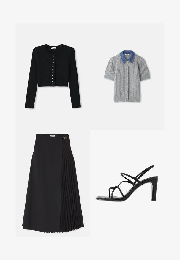 Zwarte cropped cardi gemaakt van geribbelde stof, met lange mouwen, een ronde halslijn en een knopenfront met ronde zwarte knopen.; Grijze gebreide kortärmsgilet met een kabelpatroon, voorzien van een denim kraag en vijf gouden knopen aan de voorkant.; Zwarte midi-rok met een geplooid ontwerp aan één kant, gemaakt van lichtgewicht stof met een verborgen ritssluiting en zijzakken.; Zwarte hoge sandalen met dunne banden, een gestructureerde afwerking, open teen en een slank, puntig hakontwerp. Beschikt over een gladde inlegzool en een glanzend oppervlak.
