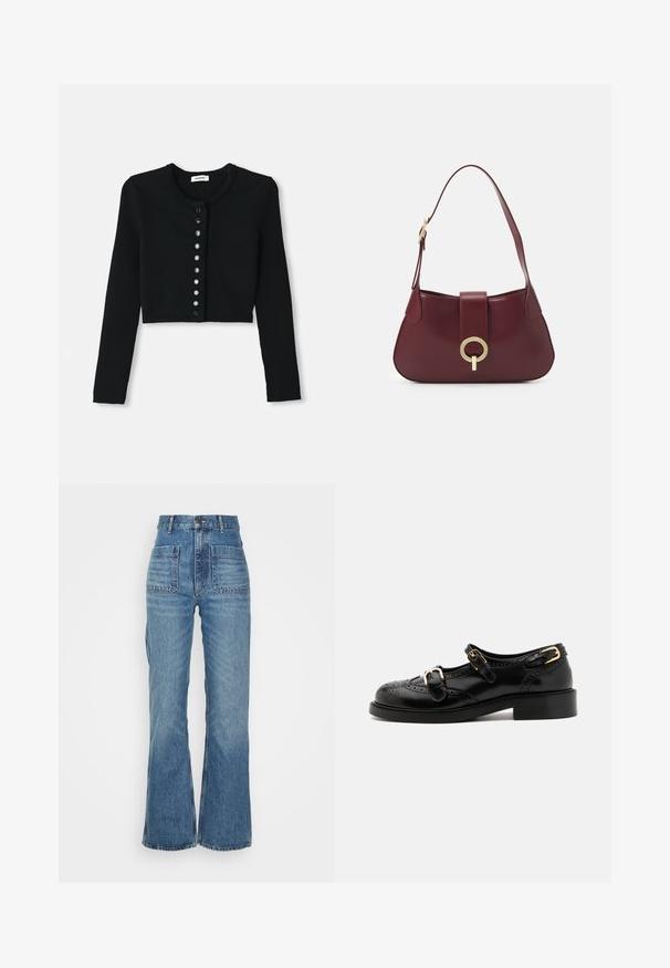Fekete, vaskos anyagból készült, rövidített kardigán hosszú ujjakkal, kerek nyakkivágással és kerek fekete gombos elülső részével.; Rövidített gombos ing világoszöld és fehér kockás mintázatban. Fehér gallérral és gombos mandzsettával ellátott hosszú ujjakkal rendelkezik. Puha anyag.; Magas derekú kék farmernadrág, szélesített lábbal, két elülső zsebbel és két hátsó zsebbel; texturált anyag, kopott hatású mosással.; Fekete bőrcipők brogue díszítéssel, két csattal, lekerekített orral és alacsony sarokkal. Simább felület fényes kivitelben.; Burgundi bőrtáska ívelt formával, arany kör alakú hardware díszítéssel és egyetlen vállpánttal. Simás textúra, minimalista dizájn.