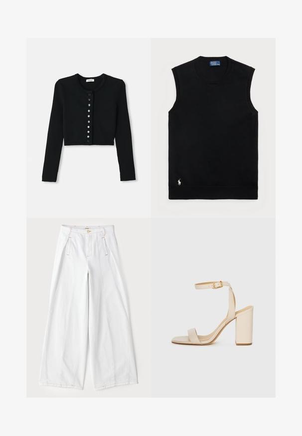 Must have must to be helper black cropitud cardigan, with long sleeves, round neck and round black buttons on front.; Mustmust särk ilma varrukat, ümmarguse kaelusega. Omab väikest valget logo alumises vasakus nurgas ja soonikset.; Laiad valged teksapüksid, millel on kontrastset oranži õmblust, ees voldid ja klassikaline viie tasku disain.; Beez värvi kõrge kontsaga sandaal ruudukujulise varba, peene pahkluu rihma ja plokknupuga. Sile nahk текстuur kuldse pandlaga detailiga.
