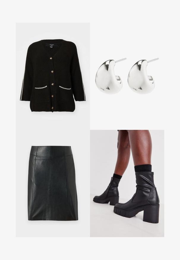 Mustat neulecardiganit, joissa on V-pääntie, viisi kultakivimäistä nappia, kaksi valkoisilla reunuksilla varustettua taskua ja erottuvat raidat hihoissa.; Valkoinen poimutettu hihaton toppi, jossa on pyöreä kaula-aukko, suora helma ja sileä, joustava materiaali.; Musta nahkahame, jossa on mukautuva muotoilu. Silkkinen pinta, saumat korostamassa muotoa ja suora helma. Minimalistinen ja tyylikäs ulkoasu.; Mustat nahkasaappaat nilkkapituisella, rennolla muotoilulla, paksulla korolla ja teksturoidulla kumipohjalla. Sivussa on vetoketjukiinnitys.; Hopeiset nappikorvakorut, joissa on sileä, kaareva muotoilu. Niissä on kiillotettu pinta ja taustatappi, joka varmistaa turvallisen käytön.
