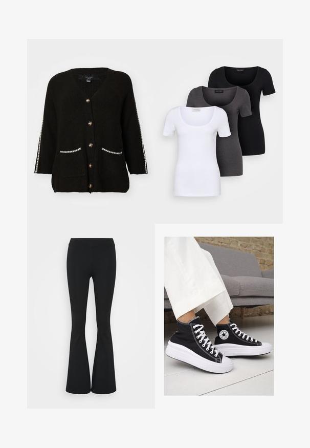 Črn pleteni kardigan z V-izrezom, petimi zlatimi gumbi, dvema žepoma z belim robom in kontrastnimi črtami na rokavih.; Tri prilegla majica v beli, sivi in črni barvi. Vsaka ima širok izrez na vratu in kratke rokave. Narejene so iz gladkega, raztegljivega materiala.; Črne hlače s širokimi hlačnicami, izdelane iz raztegljive tkanine, z visokim pasom in gladko teksturo. Hlače se širijo od kolena navzdol.; Črne platnene visoke superge z belimi gumijastimi podplati in vezalkami. Imajo krožni logotip na strani in kontrastno bele šive.