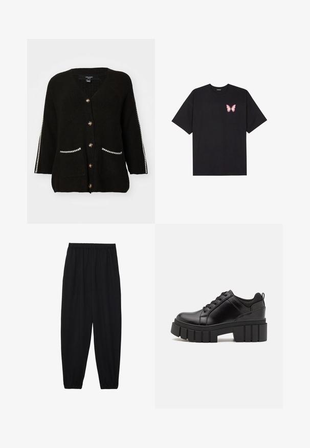 Black knitted cardigan with a v-neck, five golden buttons, two pockets with white trim, and contrasting stripes on the sleeves.; Black cotton t-shirt with short sleeves, featuring a small pink butterfly graphic on the left chest. Crew neck design with a relaxed fit.; Black, lightweight pants with an elastic waistband and gathered ankles. The fabric is smooth and features a relaxed, tapered design.; Black leather platform shoes with a chunky block heel, round toe, and traditional lace-up design. Features smooth texture and minimal detailing.