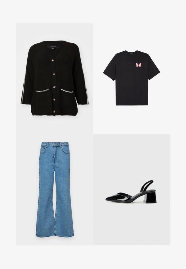 Schwarze Strickjacke mit V-Ausschnitt, fünf goldenen Knöpfen, zwei Taschen mit weißem Rand und kontrastierenden Streifen an den Ärmeln.; Schwarzes Baumwoll-T-Shirt mit kurzen Ärmeln, das ein kleines pinkes Schmetterlingsmotiv auf der linken Brust zeigt. Crewneck-Design mit einem entspannten Schnitt.; Helle blaue Schlagjeans aus Denim, mit hoher Taille, fünf Taschen und einem einzelnen Knopfverschluss. Weiche Textur mit ausgeblichener Optik.; Schwarze Lackleder-Slingback-High Heels mit spitzem Schuh und einem geometrischen Blockabsatz. Verfügt über ein schlankes, minimalistisches Design und eine glatte Textur.