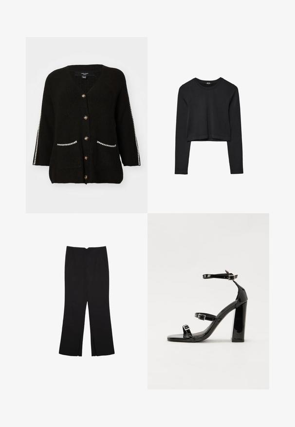Cardigan noir en tricot avec un col en V, cinq boutons dorés, deux poches avec un bord blanc, et des rayures contrastantes sur les manches.; Haut court à manches longues noir avec encolure ronde, design uni et ourlet légèrement arrondi.; Pantalon noir avec une coupe droite, doté de poches avant et d'éclairs sur l'ourlet. Fabriqué en tissu doux et lisse. Convient à diverses occasions.; Sandales à talons hauts en cuir verni noir avec deux brides à boucles, bout carré et talon bloc épais, présentant une texture lisse et brillante.