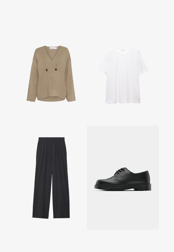 Beige gestrickter Pullover mit V-Ausschnitt, doppelt geknöpftem Design, zwei schwarzen Knöpfen und weiten Ärmeln. Glatte Textur mit legerem Schnitt.; Ein schlichtes, weißes T-Shirt aus Baumwolle mit rundem Halsausschnitt, kurzen Ärmeln und lockerer Passform. Glatte Textur ohne Muster oder Akzente.; Weit geschnittene Hosen aus dunkelgrauem Stoff. Merkmale sind Falten an der Taille, ein maßgeschneiderter Schnitt und eine gerade Silhouette.; Schwarze Leder-Oxford-Schuhe mit Schnürdesign, runder Zehenform, flacher Gummisohle und subtilen Nähten entlang des oberen Teils.