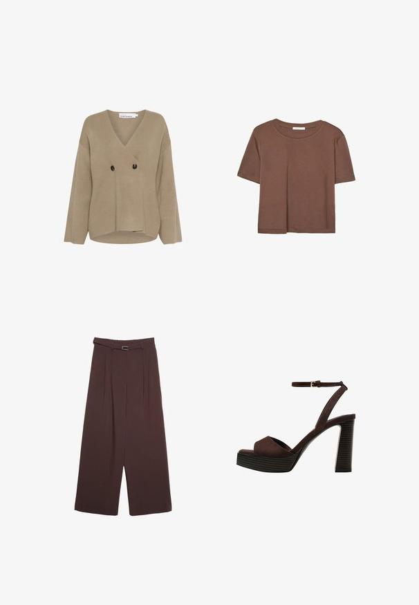 Béžový pletený sveter s výstrihom do V, dvojradovým zapínaním, dvoma čiernymi gombíkmi a širokými rukávmi. Hladká textúra s uvoľneným strihom.; Hnedé tričko s krátkym rukávom vyrobené z jemného materiálu, s okrúhlym výstrihom a voľným strihom. Žiadne viditeľné vzory ani akcenty.; Stradivarius WIDE-LEG WITH BUCKLE DETAIL - Nohavice - dark brown; Hnedé semišové sandále na vysokom podpätku s otvorenou špičkou, nastaviteľným členkovým remienkom a pruhovanou platformovou podrážkou.
