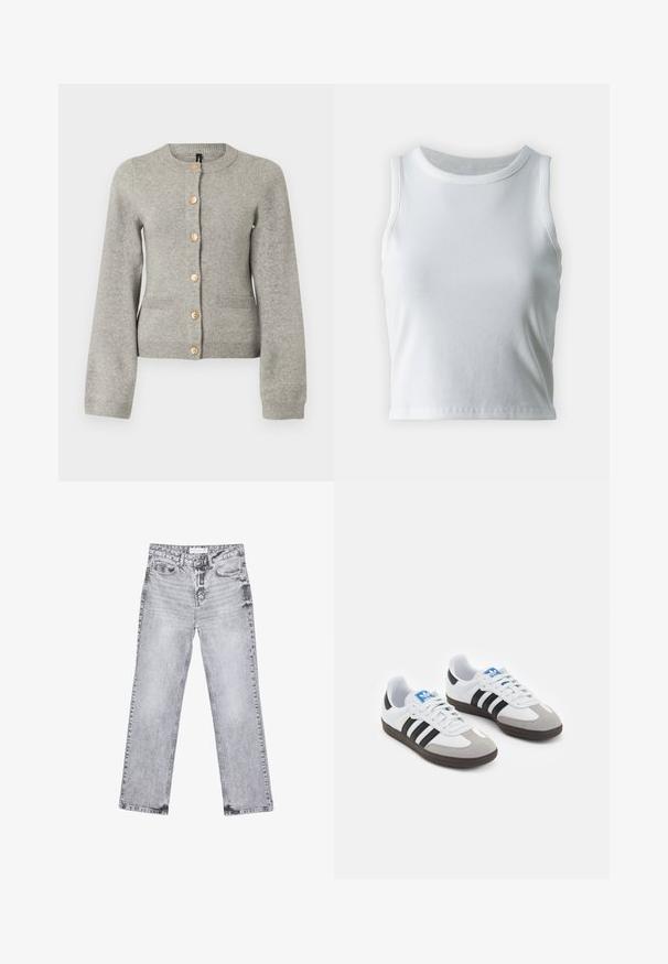 Cardigan lavorato a maglia grigio chiaro con scollatura rotonda, maniche lunghe e bottoni color oro sul davanti. Presenta due tasche frontali.; Top a canotta bianco a coste con scollatura rotonda e senza maniche, caratterizzato da un orlo dritto e una texture liscia e elastica.; Jeans in denim grigio con taglio dritto, dettagli sfilacciati, cinque tasche e rivetti in rame. La cintura presenta un'etichetta con il logo.; Scarpe sportive con tomaia in pelle bianca, punta in suede grigia e tre strisce nere. Presentano un logo blu sulla linguetta e una suola in gomma testurizzata.