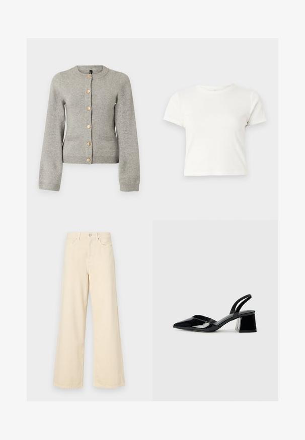 Gaišs pelēks adīts kardigāns ar apaļu kakla izgriezumu, garām piedurknēm un zeltainām pogām priekšpusē. Iespējas divas priekšējās kabatas.; Īsa balta T-kreklā izgatavots no kokvilnas ar īsām piedurknēm, apaļu kakla izgriezumu un taisnu apakšu, piedāvā gludu tekstūru un minimālistisku dizainu.; Bežīgas platpēdas džinses, izgatavotas no kokvilnas. Iekļauj pogu aizdari, jostas cilpas un priekšējos kabatas ar gludu, mīkstu tekstūru.; Melna lakota āda ar atvērto papēdi, ar smailu purngalu un ģeometrisku blokpapēdi. Iezīmējas elegants, minimāls dizains un gluda tekstūra.