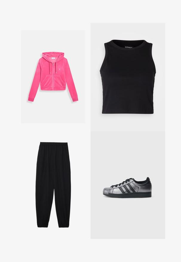 Roze ritsjack in zachte fluweel. Beschikt over een capuchon, twee vo zakken en een klein geborduurd logo. Kort model met lange mouwen.; Zwarte geribbelde crop tanktop met een ronde halslijn en mouwloos ontwerp. Gemaakt van zachte, rekbare stof, met een nette afgeronde rand.; Zwarte, lichte broek met een elastische tailleband en gathered enkels. De stof is glad en heeft een ontspannen, taps toelopend ontwerp.; Zwarte en metallic zilveren sneakers met een ronde neus, drie zwarte strepen en een gestructureerd bovenwerk. Zwarte veters en een rubberen zool.