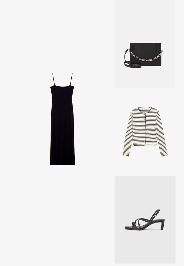 Prugasta dolga majica v krem barvi s temno modrimi vodoravnimi črtami, z zaobljenim dekoltejem in šestimi zlatimi gumbi na sprednji strani. Skrajšana dolžina.; Črna brezrokavna obleka s pravokotno silhueto, izdelana iz mehke tkanine. Ima tanke spageti naramnice in je dolga do tal.; Črne natikače s trakovi in kvadratnim prstom ter nizkim blokastim peto. Imajo več tankih trakov in nastavljiv trak okoli gležnja. Narejene so iz gladkega usnja.; Črna usnjena torba čez ramo z gladko teksturo, pravokotno obliko in kovinskim verižnim detajlom spredaj. Vključena je nastavljiva naramnica.