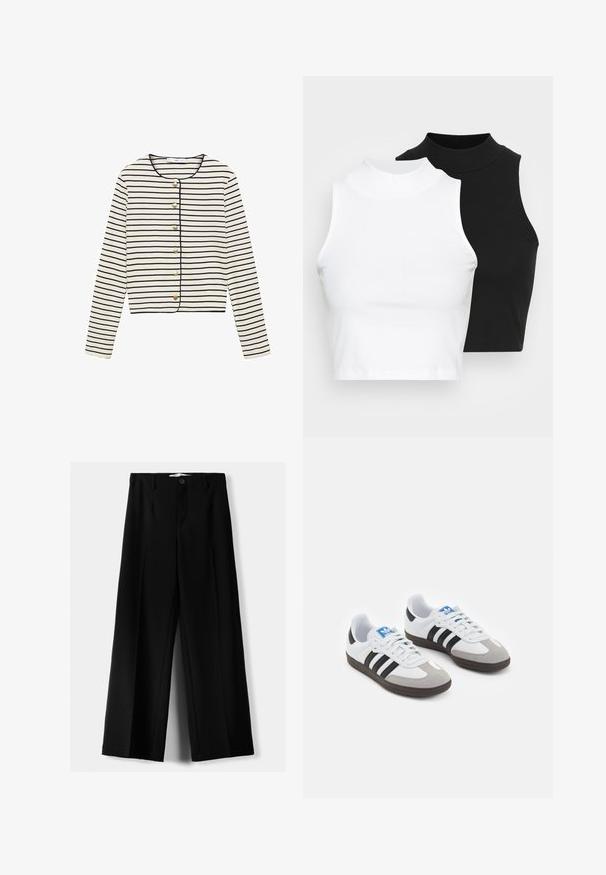 Striped long-sleeve top in cream with navy horizontal stripes, featuring a rounded neckline and six gold-buttons down the front. Cropped length.; Two sleeveless ribbed turtleneck tops in black and white, featuring a fitted design and smooth texture, with cropped length.; Black wide-leg trousers made of lightweight fabric, featuring a front button closure and flat front, with neatly stitched hems.; Sport shoes with a white leather upper, gray suede toe, and three black stripes. Features a blue logo on the tongue and a textured rubber sole.