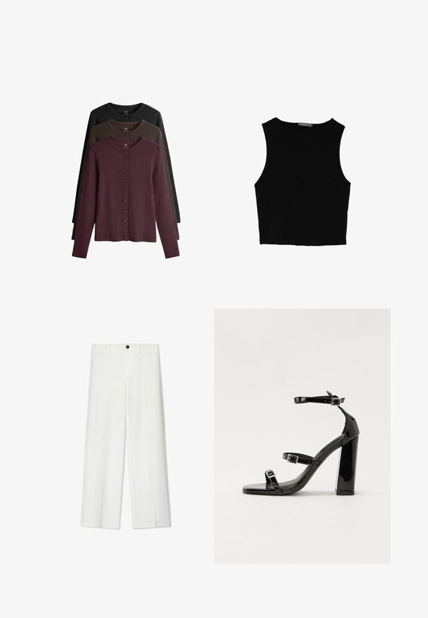 Zestaw trzech kardiganów z długim rękawem w kolorach bordowym, ciemnozielonym i czarnym. Posiada okrągły dekolt i zapięcie na guziki z przodu.; Czarny bezrękawnik crop top z gładkiego materiału, z okrągłym dekoltem i czystym, prostym wzornictwem, bez wzorów czy metalowych elementów.; Białe, szerokie spodnie o gładkiej teksturze, z zapięciem na guzik z przodu i szlufkami na pasek, dopasowane w luźnym kroju.; Czarne lakierowane sandały na obcasie z kwadratowym noskiem, z paskami wokół kostki i srebrnymi klamrami. Posiadają masywny słupek dla stabilności.