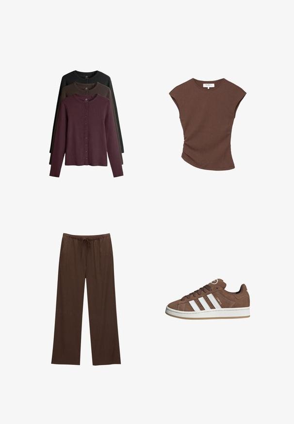 Set van drie langmouw cardigans in bordeauxrood, donkergroen en zwart. Heeft een ronde halslijn en knoopsluiting aan de voorkant.; Bruine geribbelde t-shirt met korte mouwen en een licht gebogen zoom. Zachte textuur en een relaxte pasvorm, met een ronde halslijn en minimale naden.; Bruine wijde broek gemaakt van zachte stof, met een elastische tailleband en een trekkoord, en twee zijzakken.; Bruine suède sneaker met witte leren strepen, rubberen zool, ronde neus en vetersluiting. Kenmerkt zich door een logo op de tong en geperforeerde accenten.