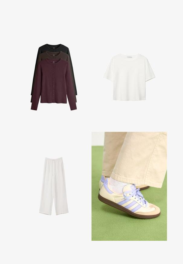 Sada troch dlhých svetrov s rukávmi v marhuľovej, tmavozelenej a čiernej farbe. Obsahuje okrúhly výstrih a zapínanie na gombíky na prednej strane.; Biela krátkopsová tričko vyrobené z bavlny. Má okrúhly výstrih a voľný strih. Hladká textúra bez viditeľných vzorov alebo akcentov.; Biele široké nohavice vyrobené z ľahkej tkaniny. Obsahujú elastický pás so sťahovacou šnúrkou a bočné vrecká. Hladká textúra.; Krémovo-fialové tenisky so tromi pruhmi a štruktúrovanou hnedou podrážkou, s šnúrkami a polstrovaným opätkom. Mäkký textilný zvršok.