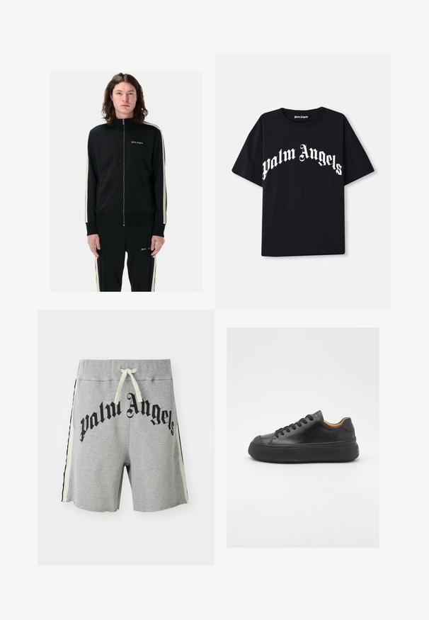 Crna jakna od treninga sa zipom i visokim ovratnikom, sa bočnim trakama i vezom logotipa. Izrađena od glatkog materijala, uskog kroja sa rebrastim manžetama.; Crna pamučna majica kratkih rukava s okruglim izrezom, koja s prednje strane ima bijeli tekst "palm angels" ispisan u zakrivljenom, ukrašenom fontu.; Svijetlosivi ležerni šortsevi s kremastim vezicom, crnim i kremastim bočnim trakama te velikim crnim natpisom "palm angels" sprijeda.; Crne kožne tenisice s okruglim vrhom, vezanjem sprijeda, glatkom teksturom, debelim gumenim potplatom i kontrastnim svijetlosmeđim unutrašnjim dijelom.