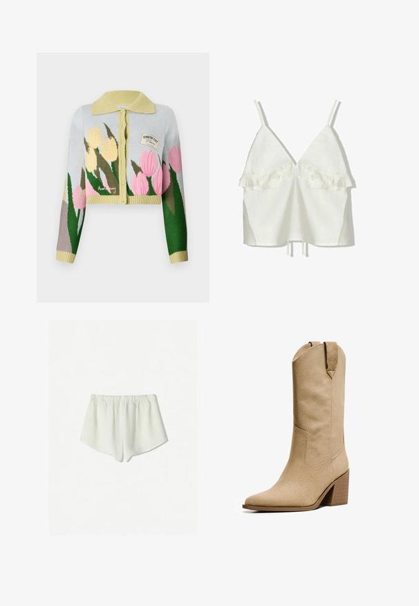 Cropped cardigan in light blue knit with yellow collar. Features floral design in pink and yellow. Small patch labeled "FRESH CUT."; White linen top with adjustable straps and a deep V-neck. Features ruffled accents at the bust, with a relaxed fit and drawstring hem.; White linen shorts with an elastic waistband, featuring a loose fit and a slightly curved hem at the bottom edges. Soft, breathable texture.; Bershka HIGH-HEEL - Cowboy/Biker boots - beige
