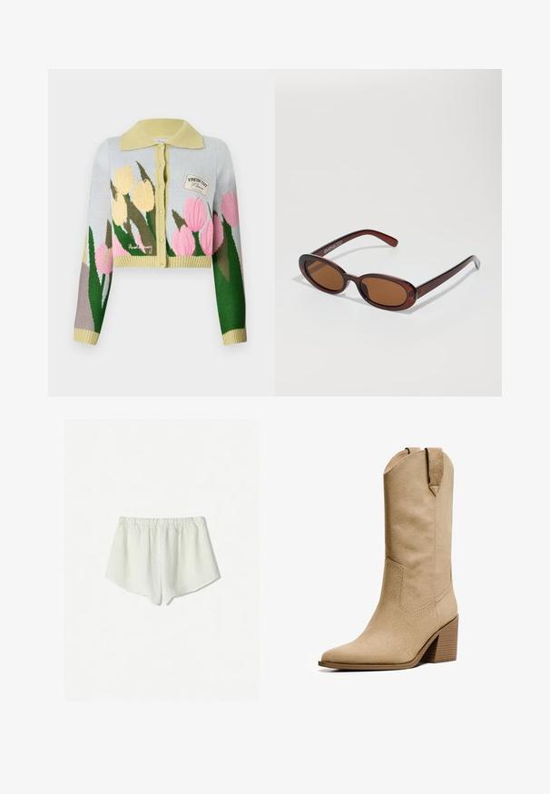 Zkrácený cardigan v světle modrém pletení s žlutým límcem. Obsahuje květinový vzor v růžové a žluté barvě. Malá nášivka s nápisem "FRESH CUT."; Bílý lněný top s nastavitelnými ramínky a hlubokým výstřihem do V. Uvnitř má na prsou volánkové detaily, je volného střihu a má stahovací lem.; Bílé lněné kraťasy s elastickým pasem, s volným střihem a mírně zakulaceným okrajem na dolních hranách. Měkká, prodyšná textura.; Bershka HIGH-HEEL - Kovbojské/motorkářské kozačky - beige; Kulaté sluneční brýle hnědé barvy s lesklým burgundským rámem. Úzké nožičky s jemným logem. Rovné čočky.