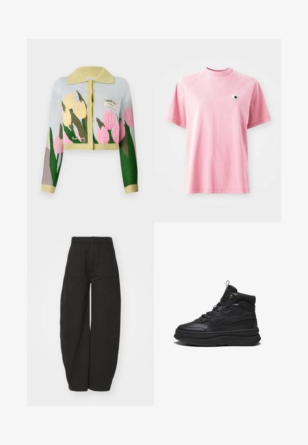 Cárdigan recortado de punto azul claro con cuello amarillo. Presenta un diseño floral en rosa y amarillo. Pequeño parche con la etiqueta "FRESH CUT."; Camiseta de algodón rosa con cuello redondo y mangas cortas. Presenta un pequeño parche cuadrado con el logo en la zona del pecho izquierdo. Textura suave.; Pantalones negros de pernera ancha hechos de algodón, con una cintura alta, cierre frontal con botón y bolsillos laterales para mayor funcionalidad.; Zapatillas altas negras de cuero, con una suela gruesa y texturada, puntera redonda, cordones en la parte delantera y una lengüeta en la parte trasera para ponérselas fácilmente.