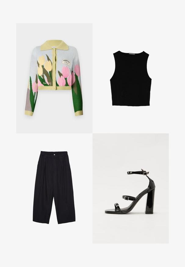 Skrajni cardigan v svetlo modrem pletenju z rumenim ovratnikom. Značilno cvetlični vzorec v roza in rumeni barvi. Majhna nalepka z napisom "FRESH CUT."; Črn brez rokavov crop top, izdelan iz gladkega materiala, z okroglim izrezom in čistim, preprostim dizajnom brez vzorcev ali dodatkov.; Črne poliesterske culotte hlače z elastičnim pasom, dvema sprednjima nabiranjema in ohlapnim krojem. Brez vidnih vzorcev ali kovinskih detajlov.; Črne lakirane sandale s peto, kvadratnim prstom, trakovi okrog gležnja in srebrnimi zaponkami. Opremljene so s stabilno Debelo peto.