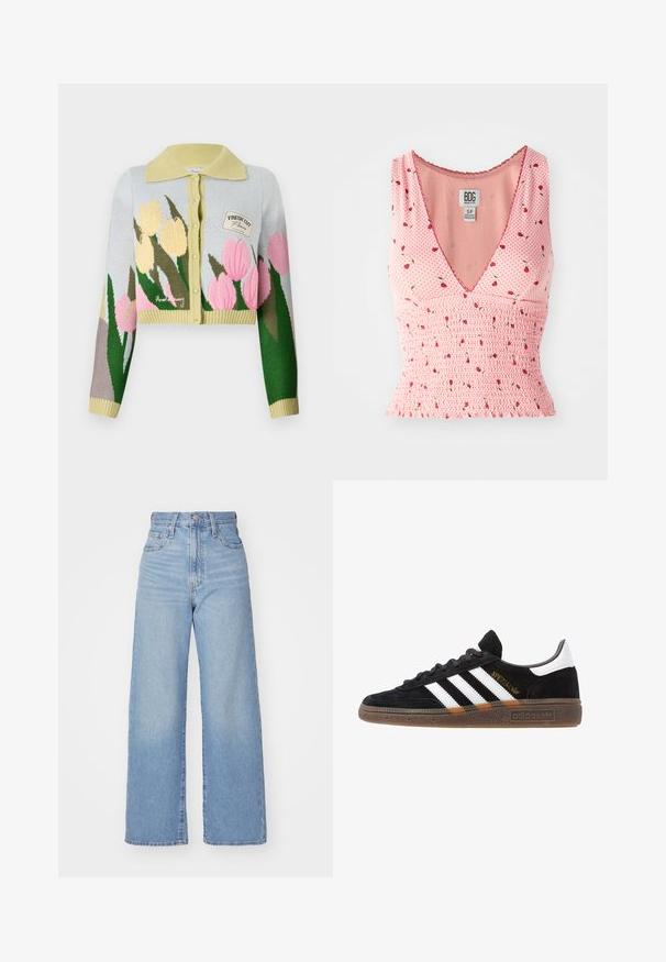 Krótkie kardigan w jasnoniebieskim dziewińskim materiale z żółtym kołnierzem. Posiada kwiatowy wzór w różowym i żółtym kolorze. Mała łatka z napisem "FRESH CUT."; Różowa bezrękawnikowa bluzka z dekoltem w kształcie litery V, z marszczeniami i kwiecistym wzorem. Małe czerwone kwiaty rozmieszczone są na tle w groszki.; Jasnoniebieskie jeansy z wysokim stanem i szerokimi nogawkami, z zapięciem na guziki i zamek z przodu, przednie i tylne kieszenie, na białym tle.; Czarny sneaker Adidas z białymi paskami, złotym napisem "Spezial", gumową podeszwą i białym elementem przy pięcie, przedstawiony w widoku z profilu.