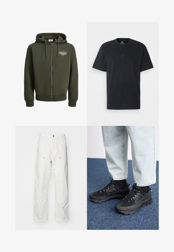 Roheline lukuga kapuutsiga sviiter, mis on valmistatud puuvilla segakangast. Omab esist lukku, nööriga kapuutsi ja logo vasakul rinnal. Varrukatel ja alläär on ribatud.; Nike musta mustast puuvillast T-särk klassikalise ümmarguse kaelusega, lühikeste varrukatega ja õrna, reljeefse logoga rinnal. Sile tekstuur.; Valged puuvillased cargo püksid, millel on mugav lõige. Omadusteks on esikotid, kuldse riistvara aktsendid ja tugevdatud põlveosad.; Mustad mustad jooksukingad, millel on tekstureeritud kangas ja kummist tallad, elastsed nöörid ning sinine aksent kandadel. Kandmine heledate teksadega.