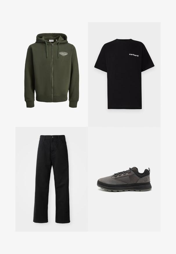 Zelena zip-up kapuca iz mešanice bombaža. Ima sprednji zadrgo, kapuco s vrvico in logo na levem prsnem delu. Ribani manšeti in rob.; Črna bombažna majica s kratkimi rokavi, okroglim izrezom in belim napisom "Carhartt" na levi prsni strani. Gladek tekstura, minimalističen dizajn.; Črni kavbojki z ravnim krojem, ki imajo sprednje žepke, zadrgo in en zgornji gumb. Teksturovan material z mat zaključkom.; Črne in sive zunanje čevlje, izdelane iz usnja in mrežaste tkanine, z oblazinjenim ovratnikom, teksturiranim podplatom in ojačanim prstom za trajnost.