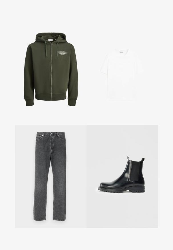 Grüne Zip-Up Kapuzenjacke aus Baumwollmischgewebe. Verfügt über einen vorderen Reißverschluss, eine Zugkordelkapuze und ein Logo auf der linken Brust. Gerippte Bündchen und Saum.; Weißes Baumwoll-T-Shirt mit kurzen Ärmeln, rundem Ausschnitt und geradem Schnitt. Glatte Textur ohne sichtbare Muster oder Akzente.; Graue Denim-Jeans mit gerader Passform, die über fünf Taschen, einen vorderen Knopfverschluss und kontrastierende Nähte entlang der Säume verfügen.; Schwarze Leder-Chelsea-Stiefel mit elastischen Seitenpaneelen, einer Schlaufe für einfaches Anziehen und einer robusten Gummisohle mit strukturiertem Grip.