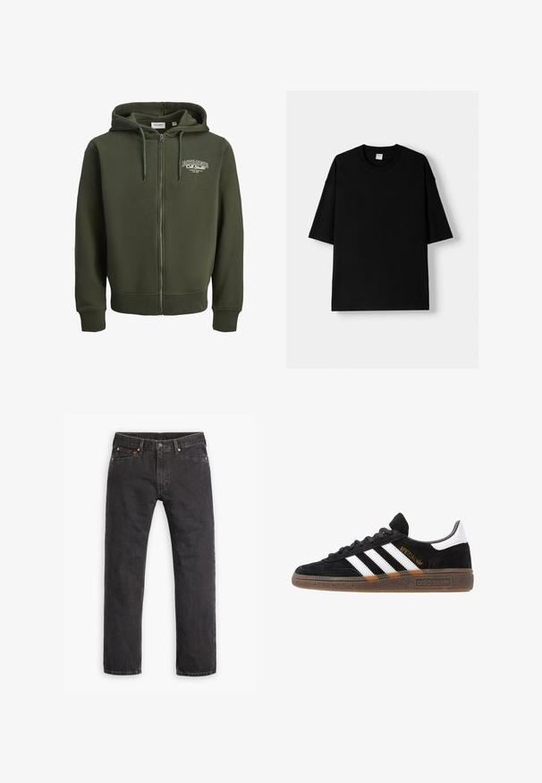 Zöld cipzáros kapucnis pulóver pamutkeverék anyagból. Elöl cipzárral, húzózsinórral ellátott kapucnival és bal oldalon logóval rendelkezik. Rugalmas mandzsetták és alj.; Fekete pamut póló rövid ujjú, kerek nyakkivágással és laza szabással. Simább textúrával és minimalista dizájnnal rendelkezik, minta vagy díszítés nélkül.; Fekete egyenes szabású farmernadrág, öt zsebbel, gombos záródással és réz szegeccsel, fehér háttéren elterítve.; Fekete Adidas sneaker fehér csíkokkal, arany "Spezial" felirattal, gumitalppal és fehér saroktabbal, profil nézetben bemutatva.