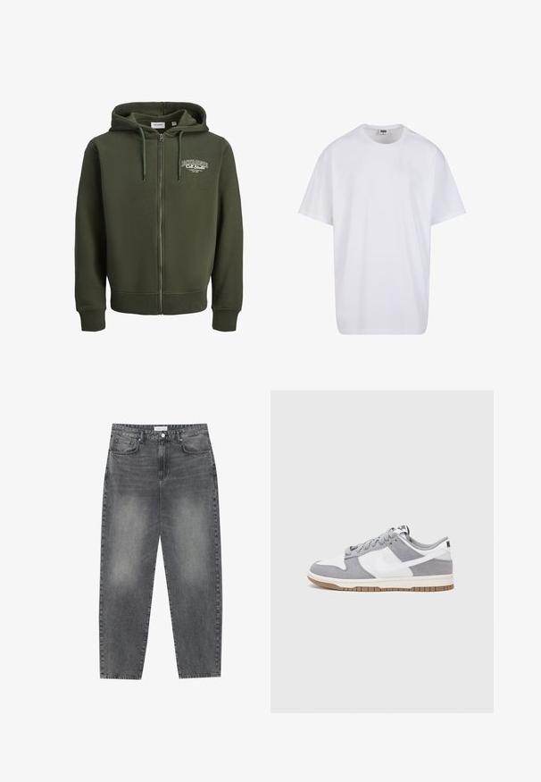 Zelená zipová bunda vyrobená z bavlneného zmesi. Obsahuje predný zips, kapucňu so šnúrkou a logo na ľavej hrudi. Ribbed zápästia a lem.; Biela bavlnená tričko s krátkymi rukávmi, okrúhlym výstrihom, uvoľneným strihom a žiadnymi viditeľnými logami alebo vzormi. Hladká textúra a minimálny dizajn.; Vysoké, voľné džínsy z vyblednutého čierneho denimu. Obsahujú päť vreciek, pútka na opasok a čistý, rovný strih nohavíc.; Sivé a biele tenisky s vrchom z semišu a kože, zaoblenou špičkou, plochými šnúrkami a gumovou podrážkou s akcentom vo farbe gumy.