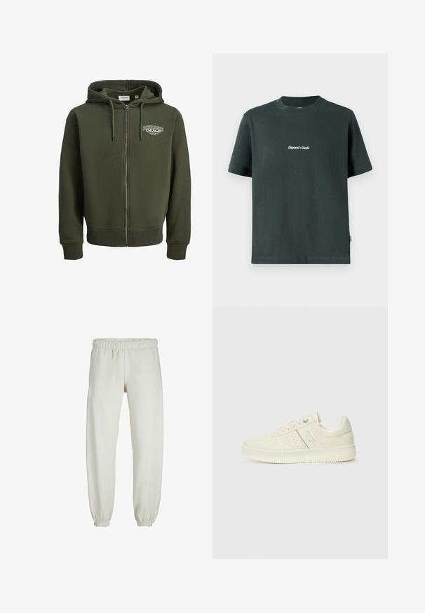 Žalios spalvos užtrauktukas megztinis, pagamintas iš medvilnės mišinio. Turi priekinį užtrauktuką, raištelį ant gobtuvo ir logotipą kairėje krūtinės pusėje. Raukšlėtos rankogaliai ir apykaklė.; Tamsiai žalios medvilnės marškinėliai su apvaliu iškirpimu, trumpomis rankovėmis ir balta siūta užrašu "Original Studio" krūtinėje. Lygi tekstūra.; Baltos sportinės kelnės, pagamintos iš minkštos medžiagos, su elastinga juosmeniu ir rankogaliais, turinčios lygią tekstūrą ir laisvą siluetą.; Kremo spalvos sportbačiai su perforuotomis detalėmis, raišteliais ir logotipu šone, išdėstyti prieš paprastą baltą foną.