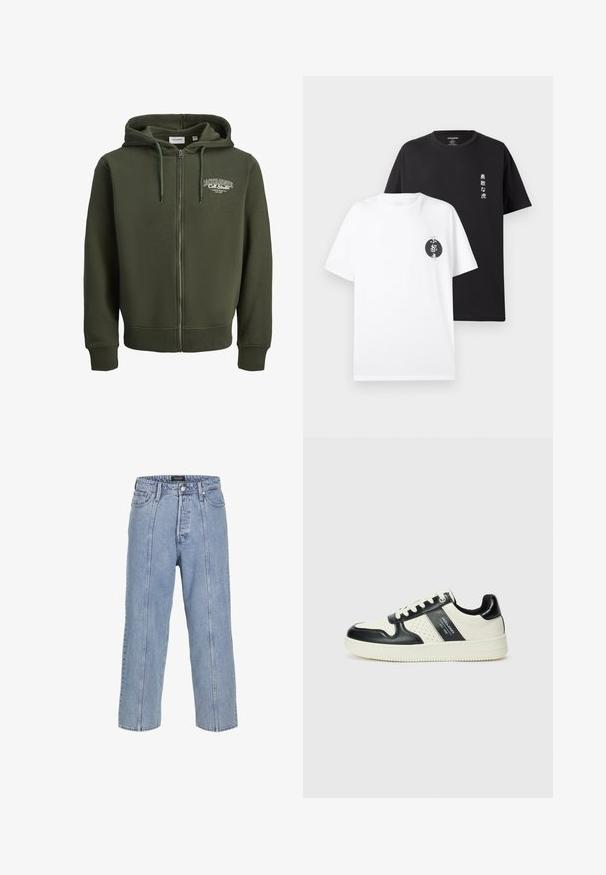 Grønn hettegenser med glidelås laget av bomullsblandingsstoff. Har en frontglidelås, snorhette og en logo på venstre bryst. Ribbestrikkede mansjetter og kant.; To bomulls t-skjorter: en hvit med en svart sirkulær grafikk og tekst, og en svart med vertikal hvit tekst. Korte ermer og rund hals.; Lyse blå denimjeans med løs passform, vide ben og synlige sømdetaljer. Har en knapp- og glidelåsåpning samt fem lommer.; Lædersneakers med sort og creme farveskema, der har perforerede detaljer, en polstret krave og en struktureret ydersål.