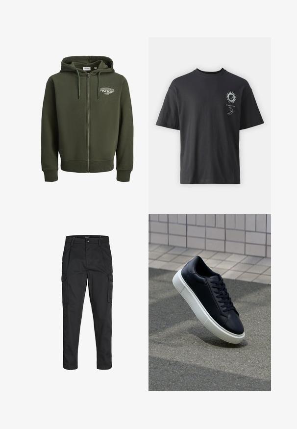 Roheline lukuga kapuutsiga sviiter, mis on valmistatud puuvilla segakangast. Omab esist lukku, nööriga kapuutsi ja logo vasakul rinnal. Varrukatel ja alläär on ribatud.; Must musta T-särk lühikeste varrukatega, ümar kaelus ning esiküljel päikese ja kuu graafika, millele on lisatud tekst "Le Soleil et La Lune."; Mustad mustapõlvik, mis on valmistatud tugeva koe kasutades, sisaldab mitmeid taskuid, nupule kinnitatav sulgemine ja kitsenev disain.; Mustast nahast tennisetoss, millel on ümar nina ja valge kummist tall. Omab siredaid paelu ja minimaalset õmblemist ülemises osas. Tekstuuriga tald, mis tagab haakuvuse.