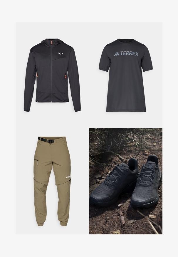 Giacca nera con zip e finitura testurizzata, con zip arancione e logo bianco sul petto, con cappuccio e maniche lunghe.; T-shirt nero a maniche corte realizzato in tessuto leggero, con il logo "TERREX" grigio chiaro sul petto e colletto tondo.; Pantaloni da esterno khaki con cintura nera regolabile, tasche con zip, polsini affusolati e gambe inferiori staccabili per uno stile versatile.; Scarpe da ginnastica nere con una tomaia in maglia texturizzata, punta rinforzata e suola ammortizzata, esposte su un terreno terroso con ramoscelli sparsi.