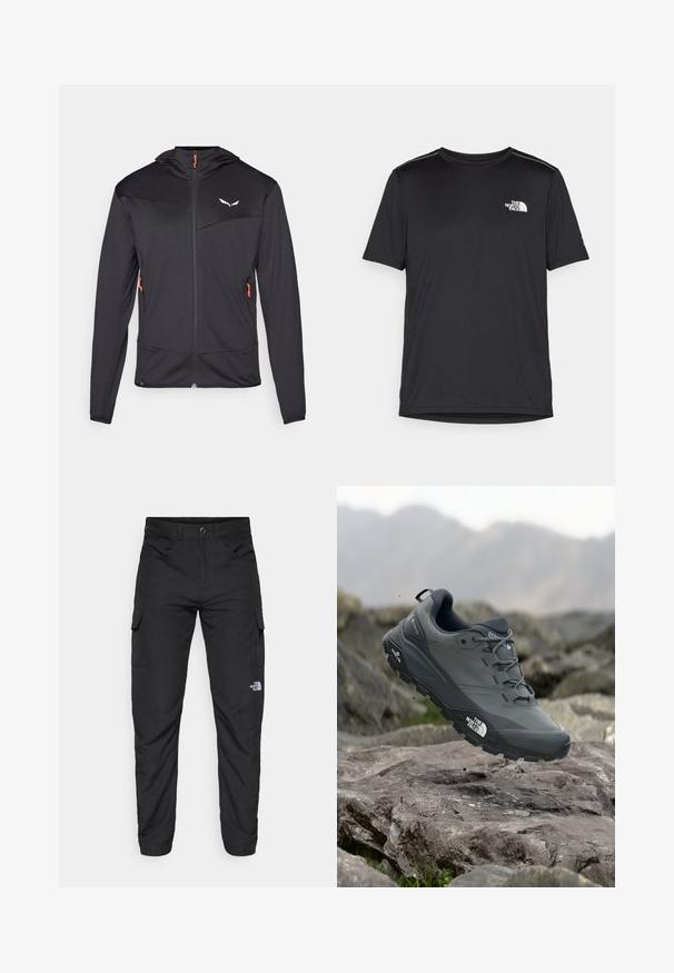 Black zip-up jacket with a textured finish, featuring an orange zip pull and white logo on the chest, hooded with long sleeves.; Black short-sleeve T-shirt made from lightweight fabric. Features a small white logo on the left chest and subtle shoulder accents.; The North Face HORIZON PANT - Outdoor trousers - black; Grey trail running shoe with a textured upper, durable rubber sole, and reinforced toe cap. Features laces and brand logo on the side.