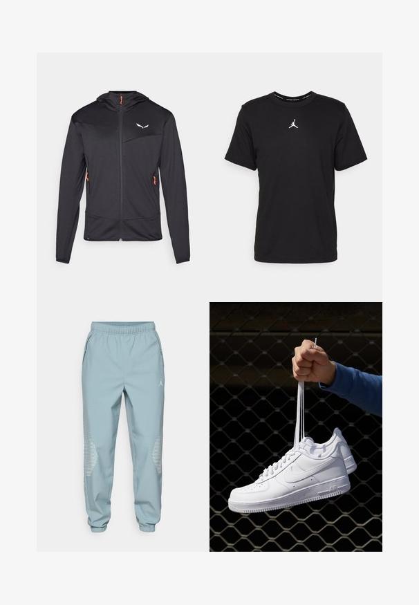 Čierna zipová bunda s textúrovaným povrchom, so zipsom v oranžovej farbe a bielym logom na hrudi, kapucňou a dlhými rukávmi.; Čierne bavlnené tričko s krátkymi rukávmi, okrúhlym výstrihom, s bielym logom Jumpman na strede hrudníka a hladkou, ľahkou textúrou.; Svetlomodré športové tepláky s elastickým pásom, bočnými vreckami a reflexnými bodkovanými detailmi na dolných nohách.; Biele kožené tenisky s perforáciami, okrúhlou špičkou, plochou podrážkou a hrubými šnúrkami, pričom majú viditeľné logo swoosh a nápis "AIR" na päte.