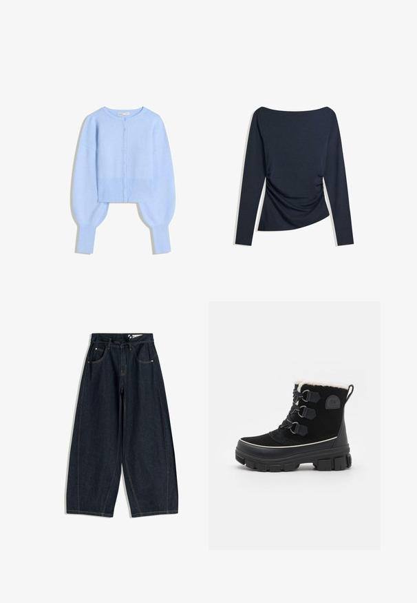 Világoskék, rövid fazonú kardigán puha kötött anyagból, lekerekített nyakkal, gombos záródással és ballon ujjakkal, bordázott mandzsettával.; Tengerészkék, hosszú ujjú felső, hajónyakú és oldalán ráncolt részletekkel, fehér háttéren elterítve.; Sötét farmer széles szárú nadrág, húzózsinórral a deréknál, öt zseb és kontraszt varrás. Simaságot és laza szabást biztosító kialakítás.; Fekete vízálló csizmák velúr felsőrészel, műszőrme béléssel, három lyukú fűzési rendszerrel, vastag gumi talppal és kontrasztos fehér díszítéssel.
