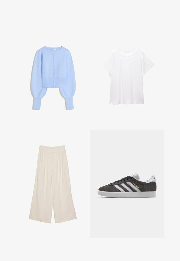 Lichtblauwe cropped cardigan van zacht breimateriaal met ronde halslijn, knoopsluiting en ballonmouwen met geribbelde manchetten.; Witte T-shirt van zacht, lichtgewicht stof. Heeft een ronde halslijn en korte, brede mouwen met een ontspannen pasvorm. Geen zichtbare patronen.; Linnen wijde broek in een lichtbeige kleur met een geplooid ontwerp en een elastische tailleband voor comfort en draaggemak.; Grijze suède sneakers met witte strepen en goudkleurig "Gazelle" logo. Voorzien van een rubberen zool en vetersluiting met een gewatteerde kraag.