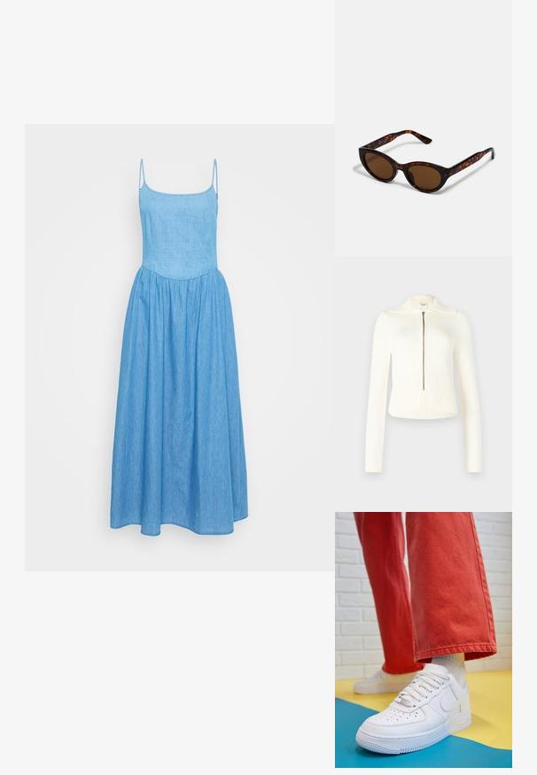 Abercrombie & Fitch Strickjacke - jet stream; Helles blaues Chambray-Kleid mit dünnen verstellbaren Trägern, figurbetontem Oberteil und einem fließenden Rock mit geraffter Taille für zusätzliches Volumen.; Weiße Leder-Sneaker mit perforiertem Zehenbereich, strukturiertem Sohlen und weißen Schnürsenkeln, kombiniert mit weiten roten Hosen und einem blauen und gelben Hintergrund.; Braune Schildpatt-Sonnenbrille mit einer Vintage-Cat-Eye-Form und braunen Gläsern. Verfügt über gebogene Bügel mit roten Akzenten.; Gelbe gewebte Clutch-Geldbörse mit Klappen-Design, abnehmbarem Handgelenkriemen und goldener Kettenakzent. Glatte Textur und rechteckige Form.; Goldene Creolen mit einer glatten, glänzenden Oberfläche. Zirkuläres Design mit einem kleinen Stecker und einer klaren Rückseite für einen sicheren Sitz.