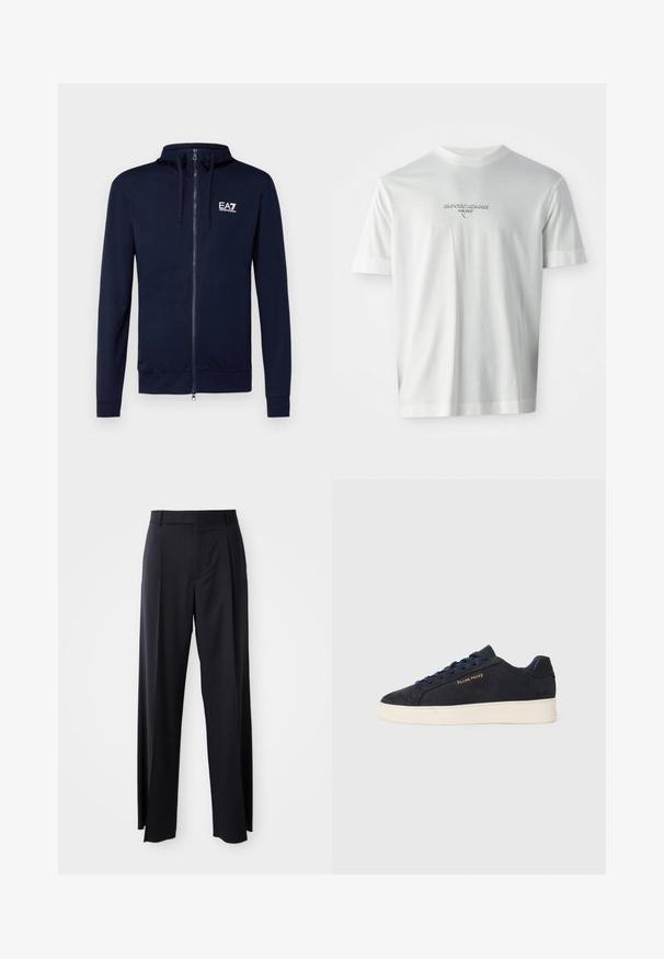 Ναυτικό zip-up hoodie φτιαγμένο από μαλακό υλικό, με κουκούλα που ρυθμίζεται με κορδόνι και λογότυπο EA7 στο στήθος. Άνετη εφαρμογή με ριμπ μανσέτες και στρίφωμα.; Λευκό T-shirt κοντό μανίκι με το λογότυπο "EMPORIO ARMANI MILANO" κεντραρισμένο στο στήθος σε απαλό ανάγλυφο γράψιμο.; Μαύρο παντελόνι ψηλόμεσο με φαρδιά γραμμή, κατασκευασμένο από απαλό ύφασμα. Διαθέτει πιέτες εμπρός και θηλιές ζώνης. Μινιμαλιστικός σχεδιασμός, χωρίς ορατά αξεσουάρ.; Ναυτικό μπλε σουέτ χαμηλά πάνινα παπούτσια με λευκή σόλα, ναυτικά κορδόνια και λογότυπο "Filling Pieces" σε χρυσό στο πλάι.