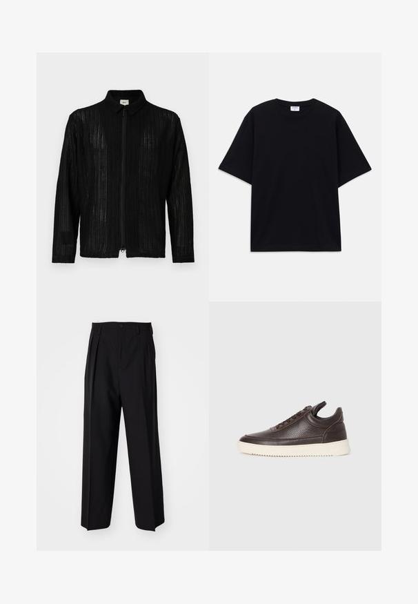 Fekete cipzárasdzseki bordázott textúrával és gallérral. Egyenes szabású és hosszú ujja van. Könnyű, légáteresztő anyag.; Fekete, rövid ujjú, oversize póló kerek nyakkivágással és látható Filippa K márkacédulával a gallér belső részén.; Fekete, pliszírozott nadrág, egyenes, széles lábakkal. Sima anyagból készült, gombos záródással és övhurkokkal rendelkezik.; Sötétbarna, texturált bőr sneaker, fűzős elejével és fehér, bordázott gumitalpával egy sima világos háttér előtt.