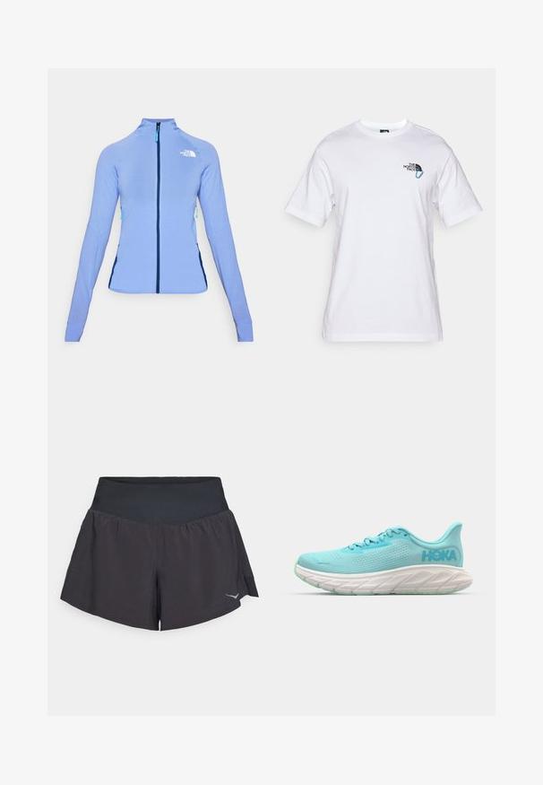 Giacca leggera azzurro chiaro a maniche lunghe con colletto alto, zip frontale completa, tessuto testurizzato e pannelli laterali in blu scuro a contrasto.; The North Face EXPLORE CARABINER RELAXED TEE UNISEX - T-shirt con stampa - white; Pantaloni sportivi neri con una cintura larga e liscia. Presentano un design svasato e un dettaglio logo riflettente sul lato destro inferiore.; Scarpe da corsa Hoka con tomaia in mesh azzurro chiaro, caratterizzate da una spessa suola intermedia bianca e un'accensione verde sulla suola esterna. Logo prominente sul lato.