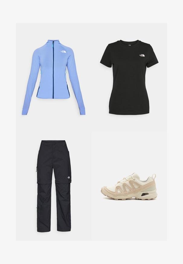 Light blue long-sleeve jacket with a high collar, full front zipper, textured fabric, and contrasting dark blue side panels.; Black cotton t-shirt featuring a crew neckline and short sleeves. Notable white logo on the upper left side. Smooth texture, casual fit.; Black nylon zip-off cargo trousers with adjustable cuffs, multiple pockets, and a logo on the right leg. Smooth, lightweight texture.; Beige and cream athletic shoe with textured mesh upper, supportive overlays, and rubber outsole featuring a tread pattern for traction.